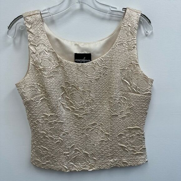Vintage 90's Cream Satin Crinkle 3D Rose Floral Pattern Tank Camisole Size M - Picture 5 of 10